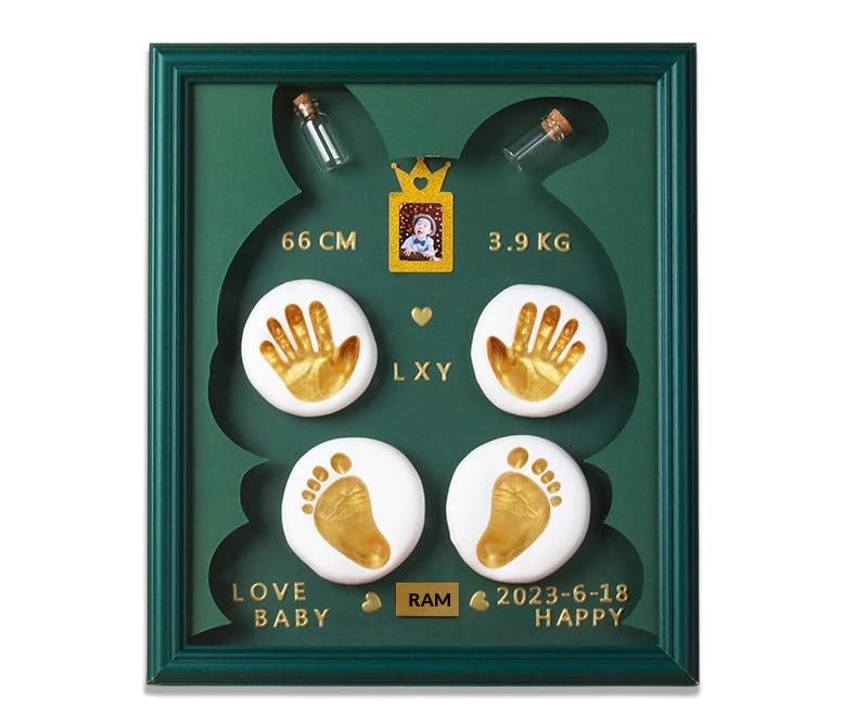 Bawy Baby Clay Hand Print and Footprint kit.Baby Impression kit with Frame 2 Hand and 2 feet,Baby Foot Print kit, Baby Record, Gift for Pregnant Woman, Baby Shower Gifts for mom to be (Rabbit Green)
