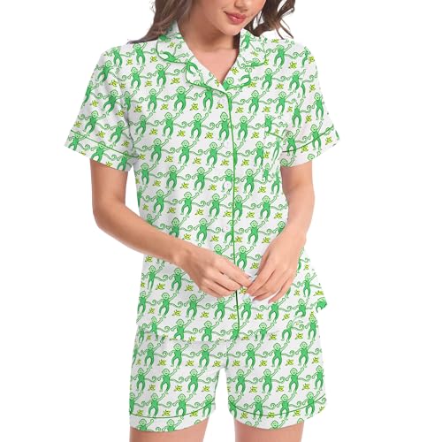 Image of Ammiko Womens Pajamas Set Y2k Loungewear Pajama Button Down Top and Shorts Monkey Beach Short Sleeve Sleepwear Preppy