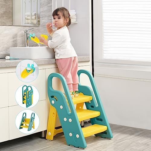 Onasti Foldable Toddler Step Stop for Bathroom Sink, Adjustable 3 Step Stool for Kids Toilet Potty Training Stool with Handles, Child Kitchen Counter Stool Helper, Plastic Ladder for Toddlers Green