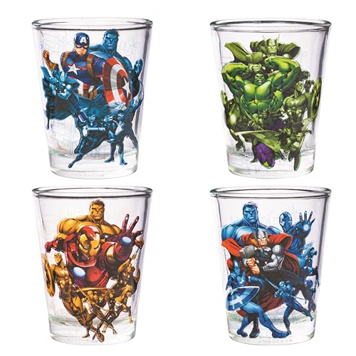 Image of Silver Buffalo Marvel Avengers Featuring Captain America, Hulk, Iron Man, and Thor 4 Pack Mini Glasses, 1.5 Ounces