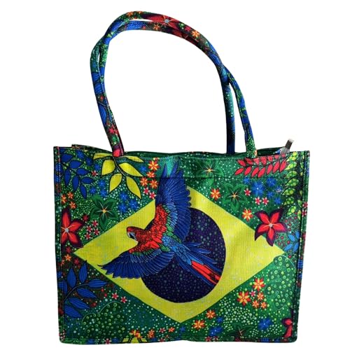 Bolsa Praia Passeio Tropical, Bandeira Verde e Amarelo Tecido Resistente, Design Floral com Alças, Padrão Fauná Flora Brasileira
