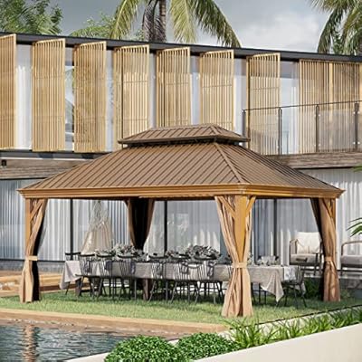 GAZEBEST 12' X 16' Permanent Hardtop Gazebo, Outdoor Galvanized Steel Double Roof Pavilion Pergola Canopy Wood-Looking with Aluminum Frame and Privacy Curtains for Garden,Patio Backyard,Deck and Lawns
