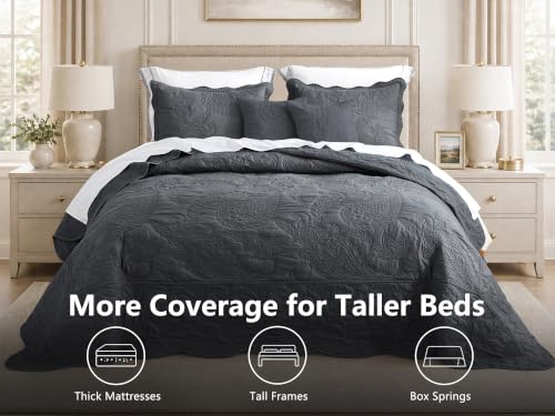 Image of HZ & HY Oversized Queen Bedspreads, Stitched Paisley, Dark Grey