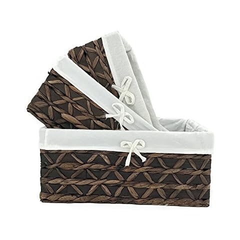 Basket of Rectangular Woven Seagrass Storage Bin with Handle,Kingwillow. (Wood&water hyacinth, Set of 3) Cover