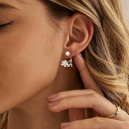 Pearl Earrings for Women, 14k Pearl Drop Dangle Earrings Gold Earrings for Women Trendy Cute Prom Bridal Earring Flower Long Earring Wedding Jewelry2