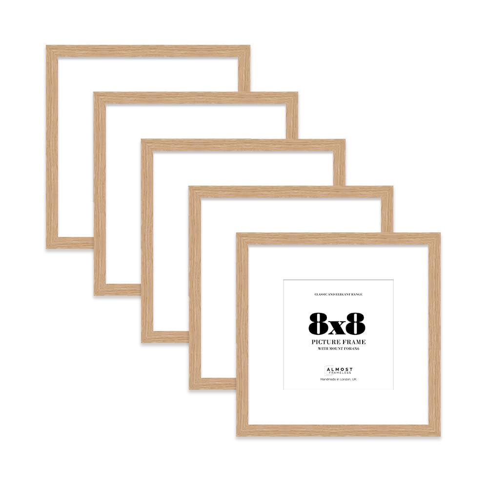 8x8 Oak Picture Frame with Mount for 6x6 Photos, Prints - Modern Square Wall Frame, Set of 5