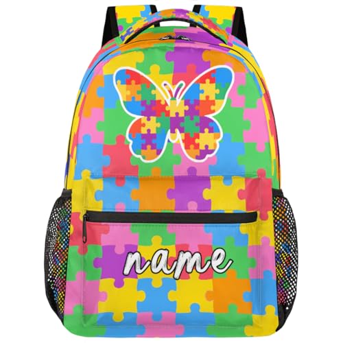 Personalized Kids Backpack, Autism Awareness Gift for Boys & Girls, Custom Name School Bag Large Capacity Backpack with Adjustable Straps Travel Daypack 16 In (Colorful Butterfly)