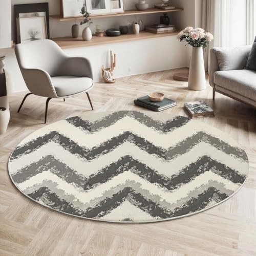Tapis rond gris 80cm lavable et antidérapant à rayures pour salon