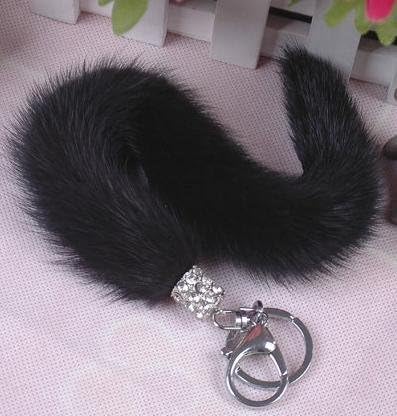 20cm Supper Smooth Soft Black Mink Tail Fur Key Chain Ring Hook Handbag Accessories