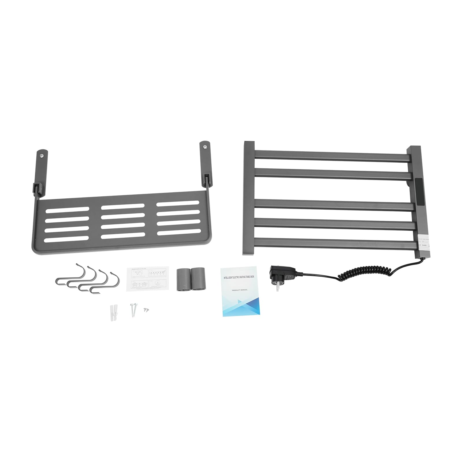 Sèche-serviettes électrique mural avec 5 barres chauffantes en fibre de carbone écran tactile minuterie 0-24h IPX5 en 3 couleurs pour salle de bain (gris)