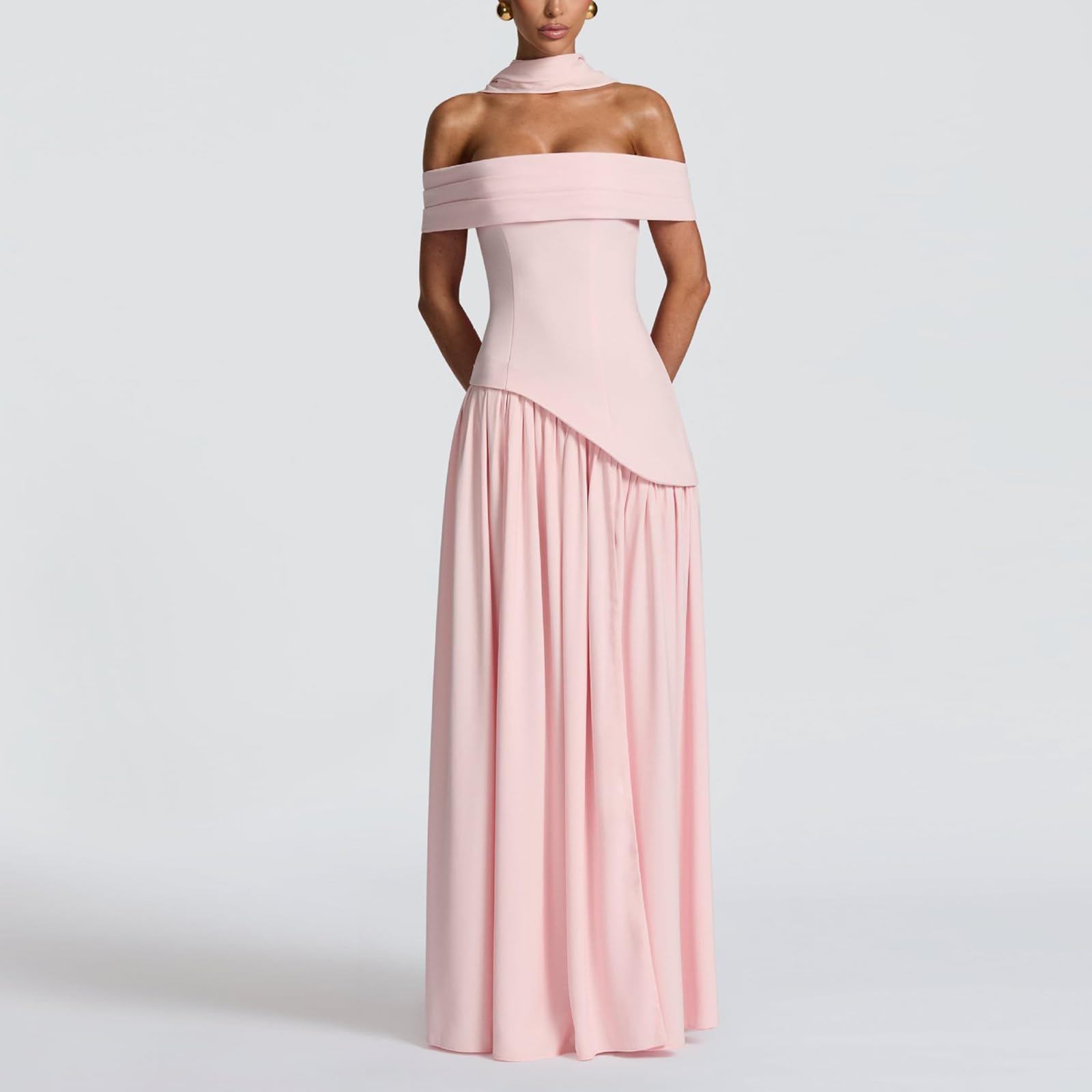 Vestido Largo para Mujer Elegante Vestidos de Fiesta Hombros Descubiertos Sexy Maxi Vestido sin Espalda con Abertura Vestidos Formal de Noche Ajustado con Bufanda para Ceremonia Boda