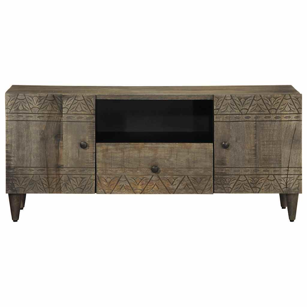 Meuble TV gris clair 105 cm en bois de manguier massif sculpté pour salon