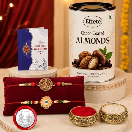 Image of DeoDap Rakhi with Chocolate for Brother - Mix Design Round Shape Rakhi 2 Pcs with Almond Chocolate 96 Gm, Tilak Set, Silver Color Coin, Greeting Card - Raksha Bandhan Combo for Bhai (K2+160+290 CA)