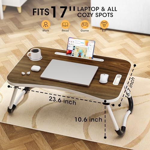 Image of Folding Lap Desk, 23.6 Inch Wood Laptop Bed Desk with Cup Holder, Portable Bed Table for Working Writing Reading, Eating for Bed, Floor, Sofa, Couch - Brown