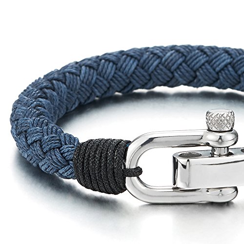 COOLSTEELANDBEYOND Large Braided Cotton Rope Mens Womens Stainless Steel Nautical Screw Anchor Shackle Wrap Bracelet3
