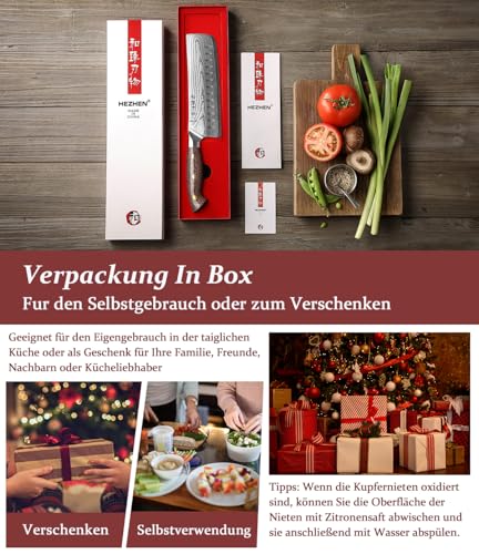 HEZHEN Damast Nakiri Messer, Japanischer Stil Hackbeil Messer, Hartstahl Mehrzweckmesser Asiatisches Kochmesser Zum Schneiden von Fleisch und Gemüse，Griff aus Micarta