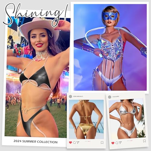 YgneeDom Women's Rave Bottoms - Metallic Bikini Bottoms Shiny Low Rise High Cut Cheeky Bikini Bottom for Festival Clubwear3