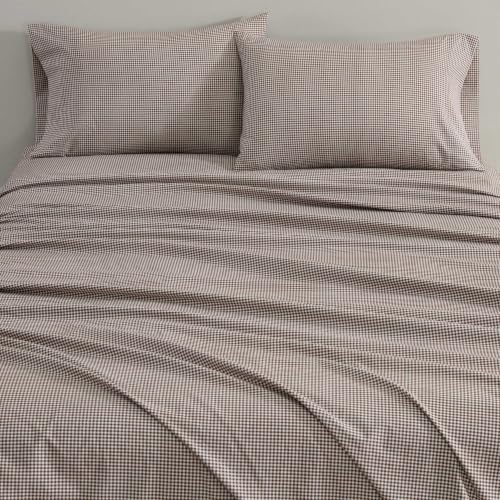 Image of Martha Stewart - Full Sheet Set with Fitted Sheet & Pillowcases, Cotton Percale Bedding with a Smooth Feel, Deep Pocket, Gingham Brown