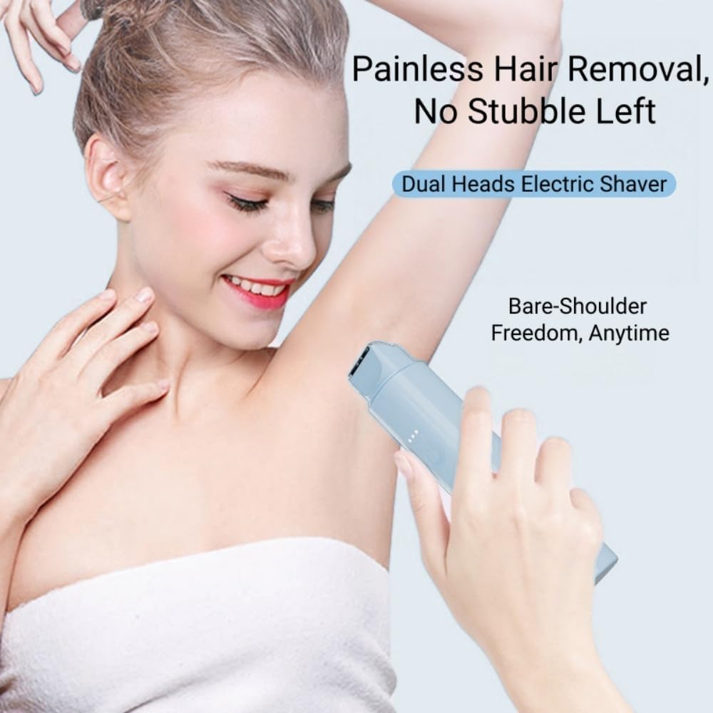 Bikini Trimmer for Women Electric Razors for Women Electric Shaver Female 2-in-1 Bikini Razor for Pubic Hair, Private Area, Legs, Face, Body Hair, Waterproof, Dual Head, Rechargeable (Blue)
