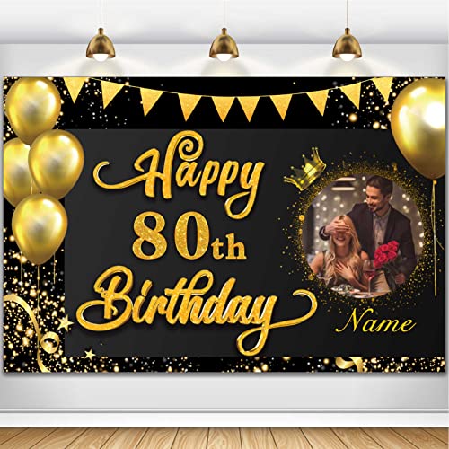 Custom Happy 80th Birthday Decorations Banner -80 Years Old Birthday Decorations Backdrop for Women Men Boys Girls - Personalization Happy 80th Birthday Party Decorations Supplies - Black and Gold
