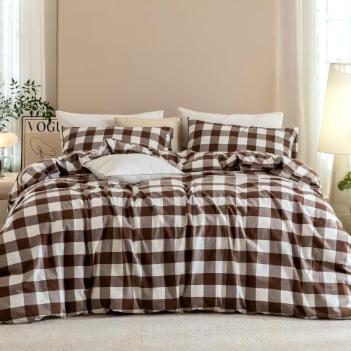 JIYUAN Full Washed Cotton Duvet Cover Set, 3-Piece, Buffalo Check