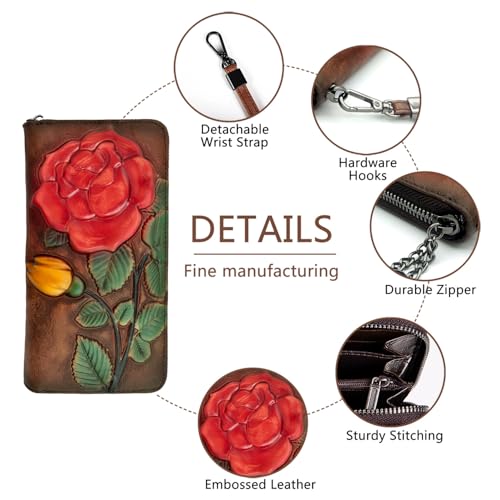 Image of Wallet Genuine Leather for Women - with RFID Blocking Card checkbook ID Slot Large Capacity Vintage style (big rose coffee)