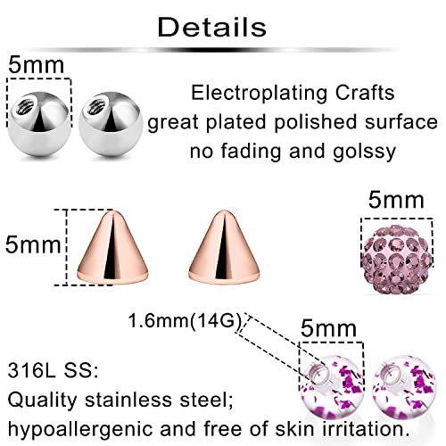Ftovosyo 36Pcs 14G 5mm Multiple Styles Replacement Balls Jewelry Piercing Stainless Steel Barbell Parts for Industrial Barbell/Nipple Rings/Tongue Rings2
