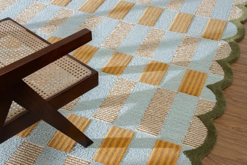 Image of Hand Tufted Checkered 100% Wool Area Rug with Scalloped Edges - 7x10 Ft | Rectangular Light Blue Base, Mustard and Beige Blocks, Olive Green Scalloped Edge, Cotton Backing 10 -15 mm Plush Pile Carpet