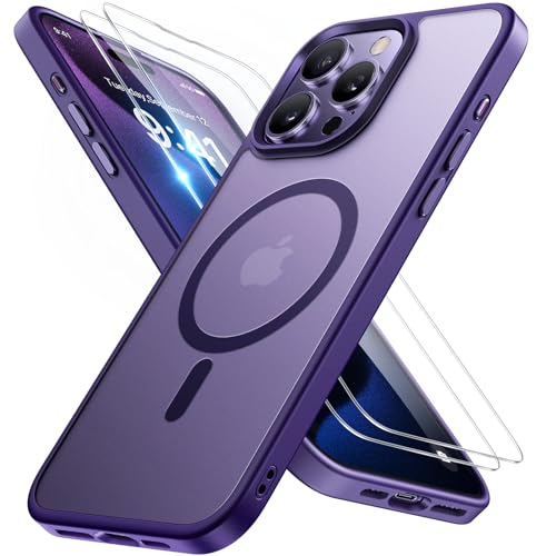 Image of Miracase Magnetic for iPhone 15 Pro Case 6.1 inch (Compatible with MagSafe)(with 2X Screen Protectors) Military-Grade Protection, Anti-Fingerprint Translucent Matte Phone Cover, Dark Purple