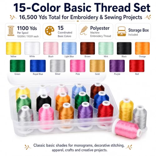 Image of Simthread 15-Color Polyester Embroidery Thread Set, Basic Color Series | 15 coordinated 1000M polyester spools for machine embroidery, quilting, patches, monograms and everyday sewing.