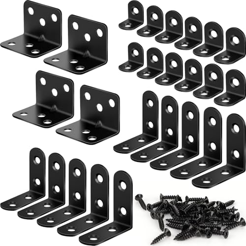 Image of 26 Pack L Bracket Corner Brace Kit, 3 Sizes Stainless Steel L Brackets for Wood Shelves, 90 Degree Right Angle Bracket, Black Metal Corner Brackets for Furniture Cabinet Drawer Chair (with 88 Screws)