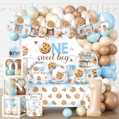 305Pcs Milk and Cookies First Birthday Decorations for Boy Serves 25 One Sweet Boy Birthday Decor Include Backdrop Balloon Banner Cake Topper Crown Boxes Poster Plates Cups for One Year Old