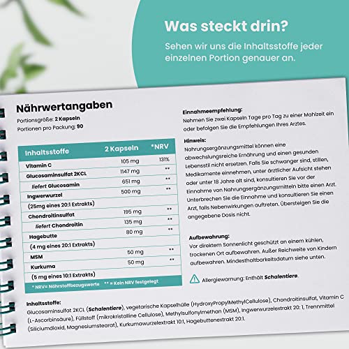 Glucosamin Chondroitin MSM Hochdosiert | 180 Kapseln | 3 Monate Vorrat | Kollagenbildung für Knochen & Knorpelfunktion | Mit Kurkuma, Ingwer & Hagebutte | VitaBright