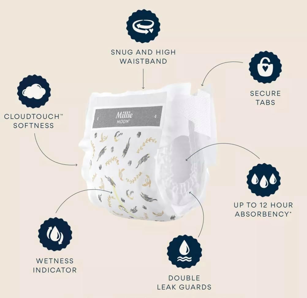 Millie-Moon Luxury Diapers containing Size 4 and 72 Count