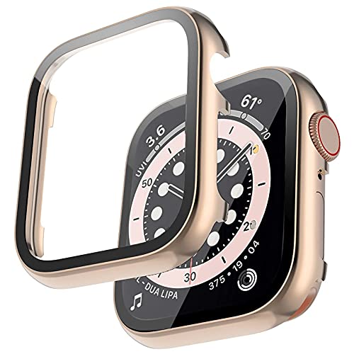 Miimall Compatible Apple Watch 44mm Case Metal with Tempered Glass Screen Protector, Touch Sensitive Shockproof Bumper Protective Cover Case for Apple Watch 44mm Series SE 6 5 4(Rose Gold)