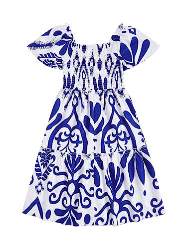 WDIRARA Girl's Floral Print Flounce Ruffle Hem Short Sleeve Square Neck Dresses A Line Summer Long Dress2