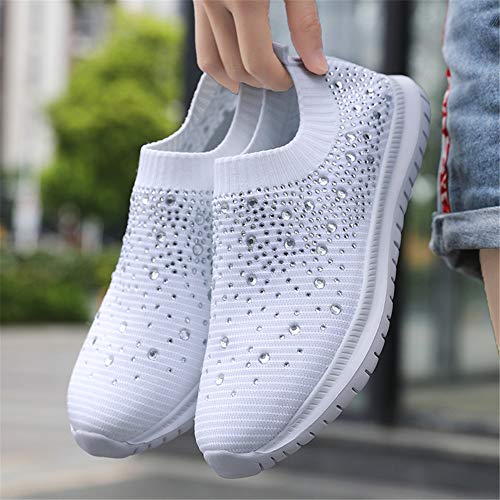 Gospt Women's Mesh Walking Shoes Rhinestone Glitter Slip On Ballroom Jazz Latin Dance Sock Sneakers White 8 #TOP3