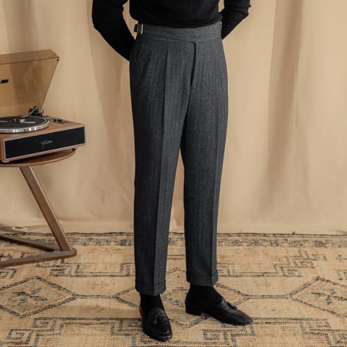Men Trousers Vintage Tweed Blend Pants Herringbone Slim Fit Pleat-Front Pant4
