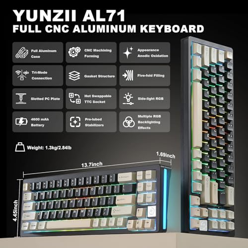 Image of YUNZII AL71 75% Mechanical Keyboard,Full Aluminum CNC,Hot Swappable Gasket,2.4GHz Wireless BT5.0 /USB-C Wired,NKRO Programmable RGB Backlight Creamy Typing for Win /Mac(Black,Crystal White Switch)