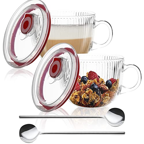Ouloveco Glass Cereal Bowl Clear Oatmeal Bowl With Handle Spoon,Glass Coffee Mug With Lids Milk Breakfast Bowls Yogurt Bowl For Latte Dessert Beverage Tea Microwave Safe,400Ml/13.5 Oz,Set Of 2 #TOP1