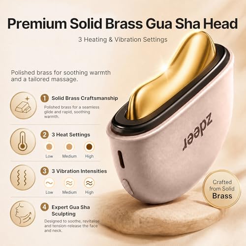 Image of ZDEER GS5 Brass Electric Heated Gua Sha Facial Sculpting Tool with Vibration, Women's Facial Massager, LED Red Light Therapy for Neck & Face, Skin Firming Device, Premium Gift for Wife Mom, Pink