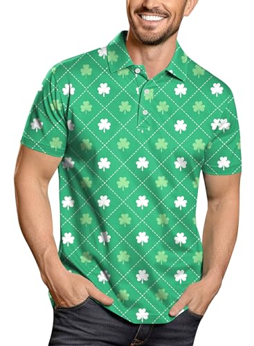 Men's Patrick's Shamrock Shirt Clover 3D Printed Polo Shirt Irish Classic Light Green Paddys Polo L