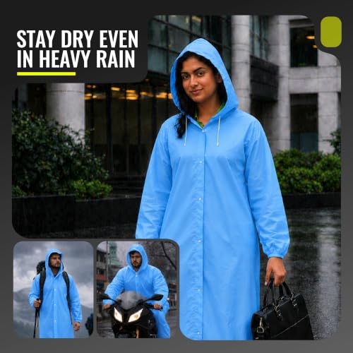 Image of Robustt EVA Reusable Raincoat with Hood (Sky Blue) - Pack of 1 | Elasticated Full Sleeves Outdoor Waterproof Raincoat for Men & Women | Rainwear | Button Closure | Knee Length | Universal Fit