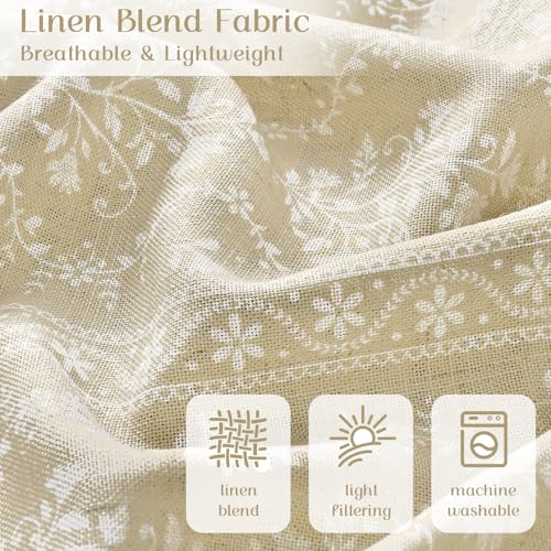 Image of Yinhua Boho Kitchen Curtains 36 Inch Length Vintage Linen Cafe Curtains Light Filtering Bohemian Floral Tier Rod Pocket Farmhouse Rustic Tassel Small Drapes with Tiebacks, 2 Panels, Natural