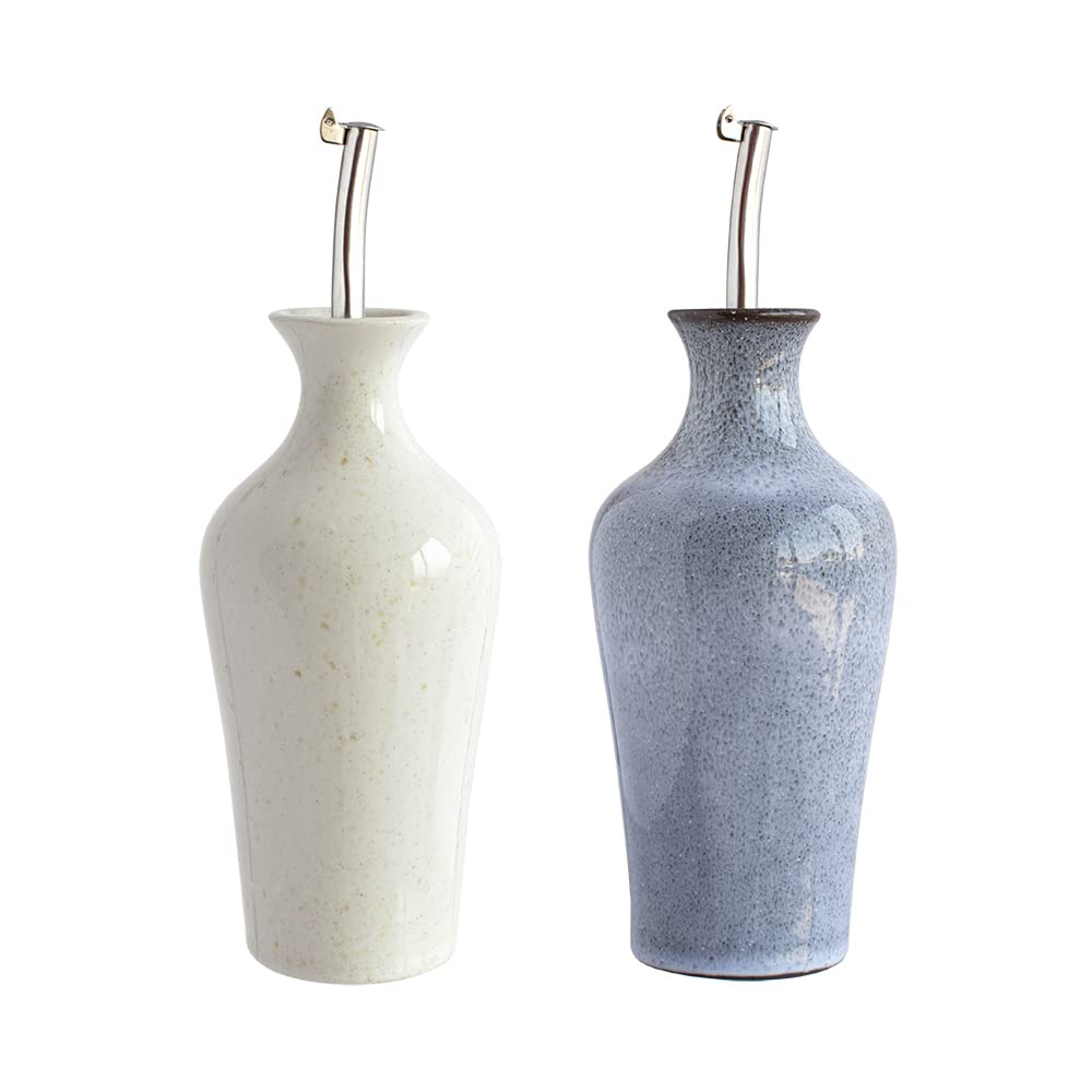 Lot de 2 Distributeurs D'Huile D'Olive et de Vinaigre, Bouteille en Céramique Grès 350ml, Crème + Bleu, BREEZY, Cª Atlântica