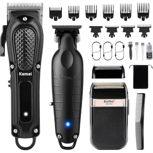 KEMEI Professionelle Haarschneider Trimmer und Folienrasierer Set für Herren Kabelloses Haarschneidemaschine T-Klinge Haartrimmer Set für Haarschnitte zu Hause und Die Tägliche Herrenpflege