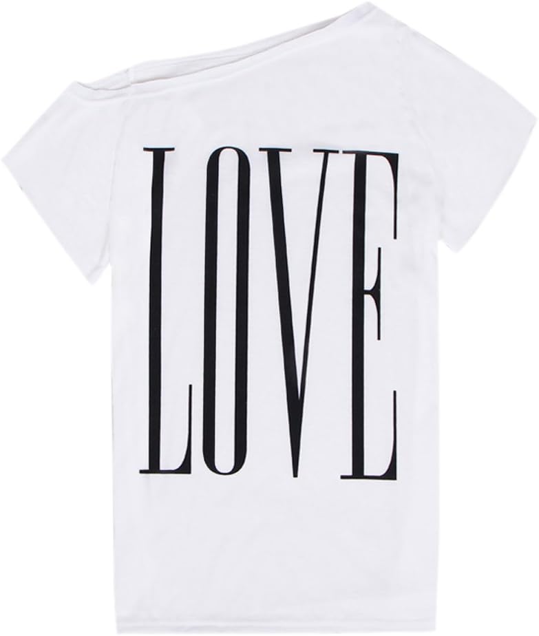 EleeryWomens Fashion Short Sleeve Off Shoulder Love Letter Print Loose Casual Tunic Tops T-Shirt