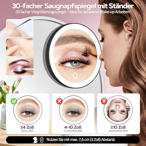 MOMOKUBA Vergrößerungsspiegel mit Saugnapf, 30-Fach Spiegel mit Beleuchtung, 3 Farben beleuchtbar und dimmbar, Bad- und Haushaltsspiegel, Wand- oder Tischmontage, Schwarz 4