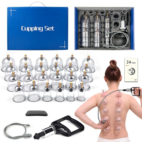 DEFUNX Cupping Therapy Set 24 Therapy Cups Professional Chinese Acupoint Cupping Set Suction Hijama Cupping Set with Pump Cellulite Cupping Massage Kit for Body Massage Pain Relief Physical Therapy