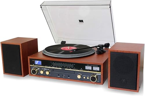 TechPlay Commander, tocadiscos de 3 velocidades con control de tono, reproductor de CD, amplificador con medidor VU, Bluetooth y grabación USB...